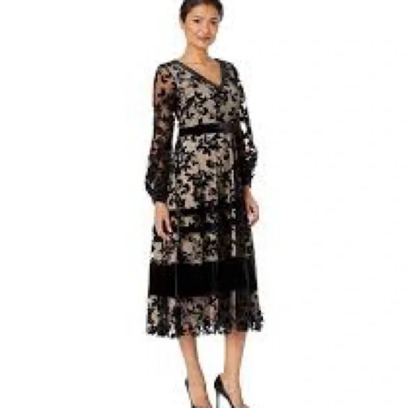 Neiman Marcus | Dresses | Neiman Marcus Occasional Dress Black Sheer  Silhouette Embroidered Floral Velvet | Poshmark